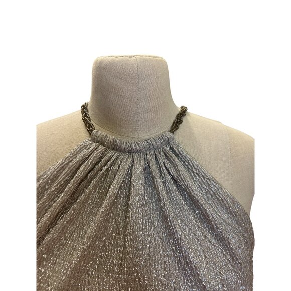 XSCAPE Silver Metallic Halter Neck Gown With Chain Detail Elegant Long Dress Eve - Picture 2 of 11